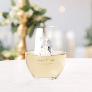 Custom Name Bride & Groom Keepsake Stemless Wine Glass