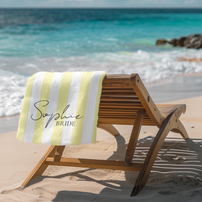 Custom Name Bride Yellow Stripe Bachelorette Gift Beach Towel (Creator Uploaded)