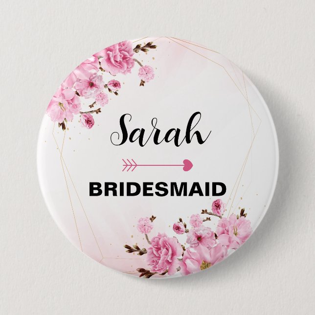 Custom Name Bridesmaid Pink Elegant Flower 3 Inch Round Button (Front)
