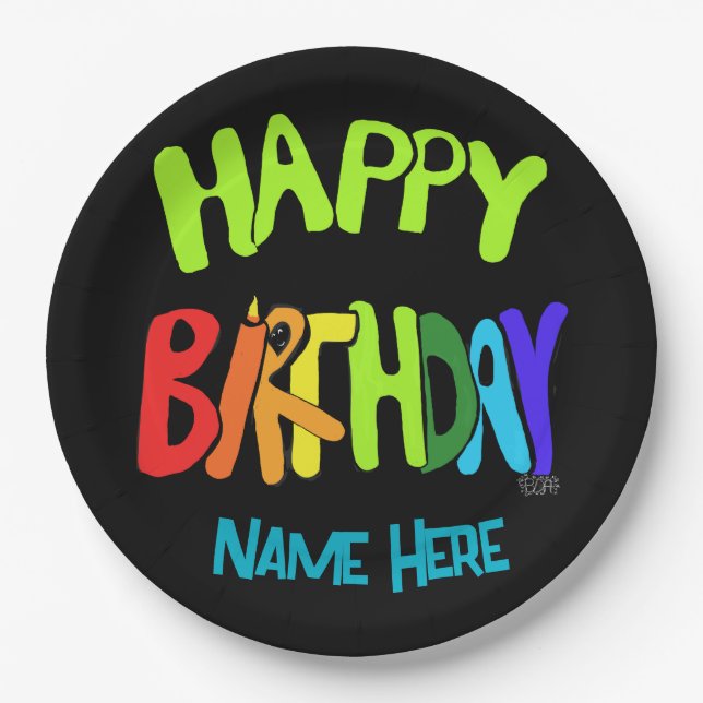 Custom Name Bright and Happy Birthday Paper Plate (Front)