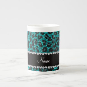 Custom name bright aqua glitter leopard print bone china mug