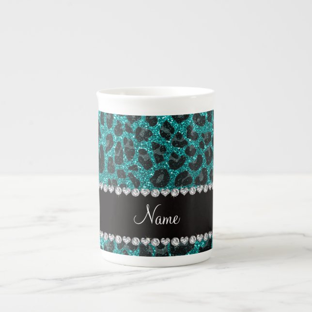 Custom name bright aqua glitter leopard print bone china mug (Front)
