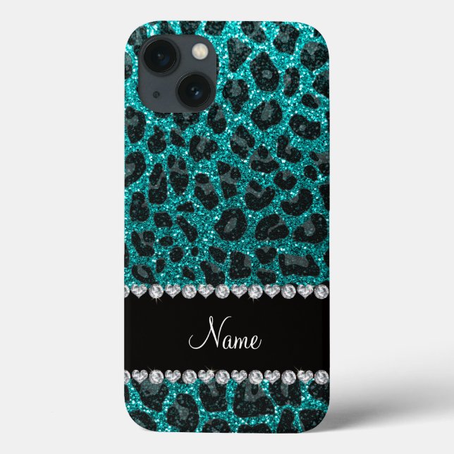 Custom name bright aqua glitter leopard print Case-Mate iPhone case (Back)