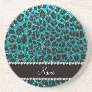Custom name bright aqua glitter leopard print coaster