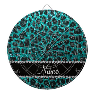Custom name bright aqua glitter leopard print dartboard