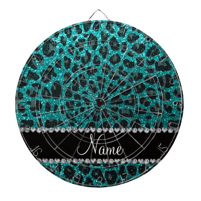 Custom name bright aqua glitter leopard print dartboard (Front)