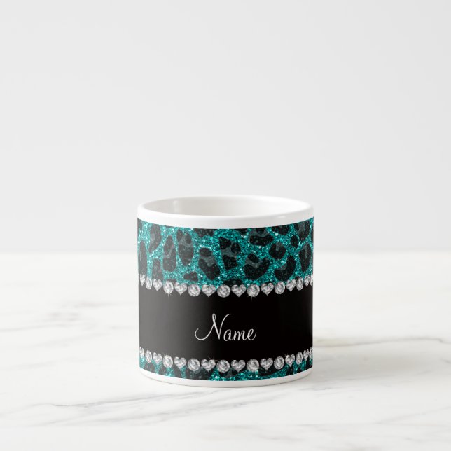 Custom name bright aqua glitter leopard print espresso cup (Front)