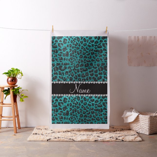 Custom name bright aqua glitter leopard print fabric (In Situ)