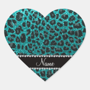 Custom name bright aqua glitter leopard print heart sticker