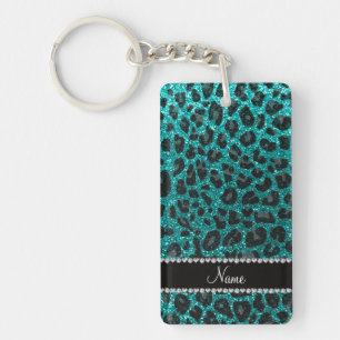Custom name bright aqua glitter leopard print keychain