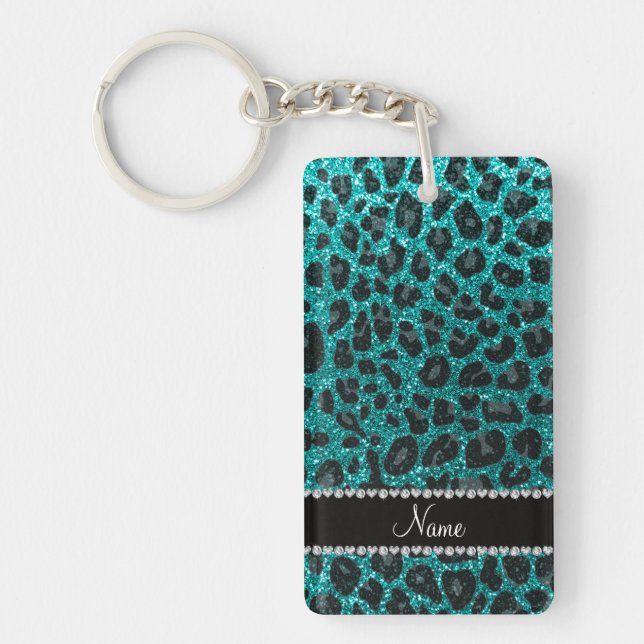Custom name bright aqua glitter leopard print keychain (Front)