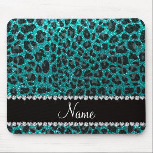 Custom name bright aqua glitter leopard print mouse pad