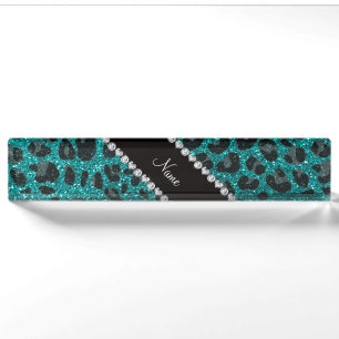 Custom name bright aqua glitter leopard print nameplate