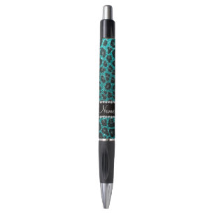 Custom name bright aqua glitter leopard print pen