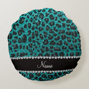 Custom name bright aqua glitter leopard print round pillow