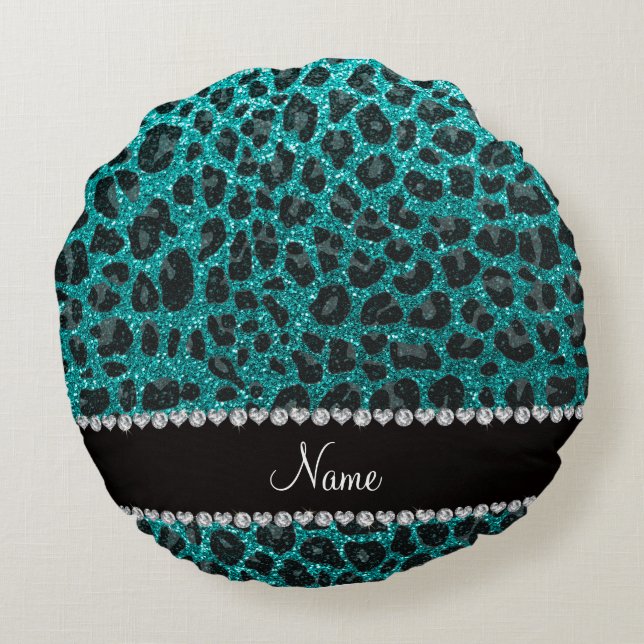Custom name bright aqua glitter leopard print round pillow (Back)