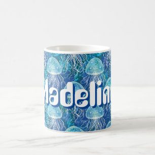 Custom Name Bright Blue White and Aqua Jellyfish  Coffee Mug