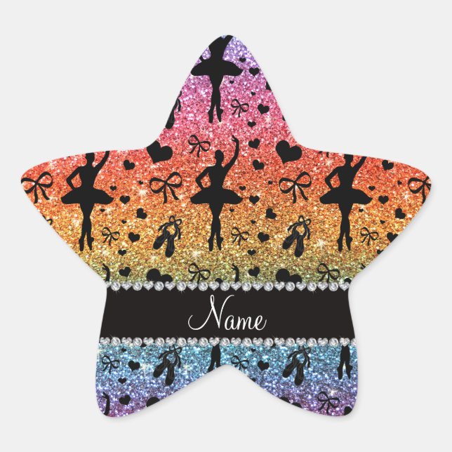 Custom name bright rainbow glitter ballerinas star sticker (Front)