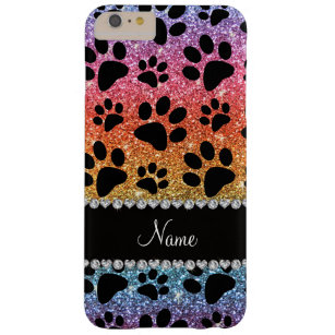Custom name bright rainbow glitter black dog paws barely there iPhone 6 plus case