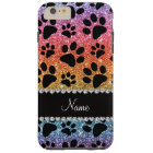 Custom name bright rainbow glitter black dog paws