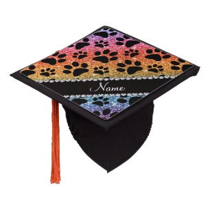 Custom name bright rainbow glitter black dog paws graduation cap topper
