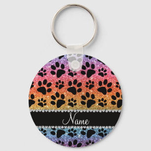 Custom name bright rainbow glitter black dog paws keychain