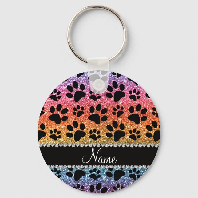 Custom name bright rainbow glitter black dog paws keychain (Front)