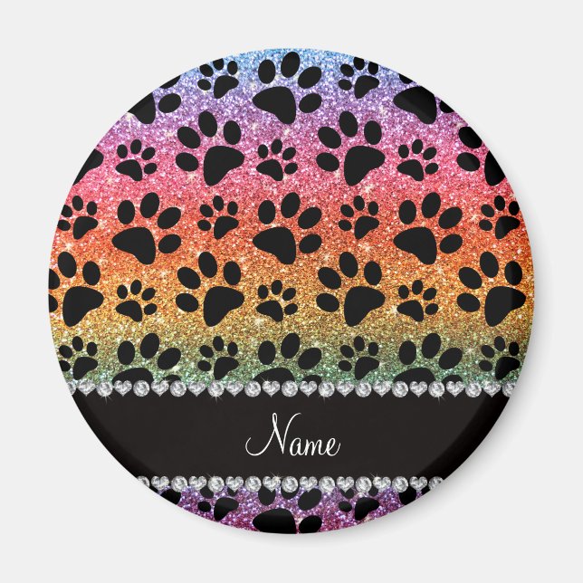 Custom name bright rainbow glitter black dog paws magnet (Front)