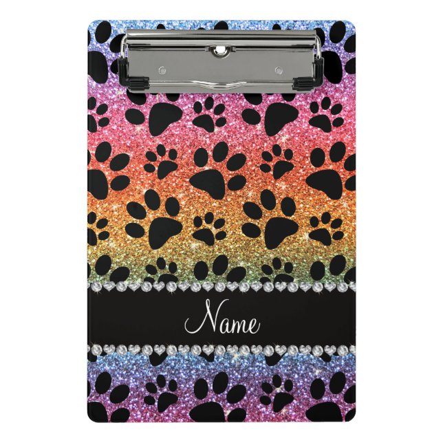 Custom name bright rainbow glitter black dog paws mini clipboard (Front)