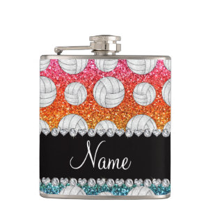 Custom name bright rainbow glitter volleyballs hip flask