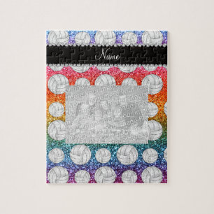 Custom name bright rainbow glitter volleyballs jigsaw puzzle