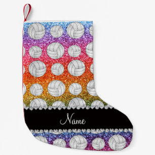 Custom name bright rainbow glitter volleyballs small christmas stocking