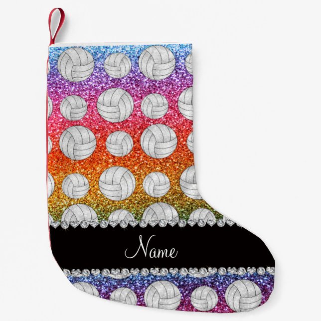 Custom name bright rainbow glitter volleyballs small christmas stocking (Front)
