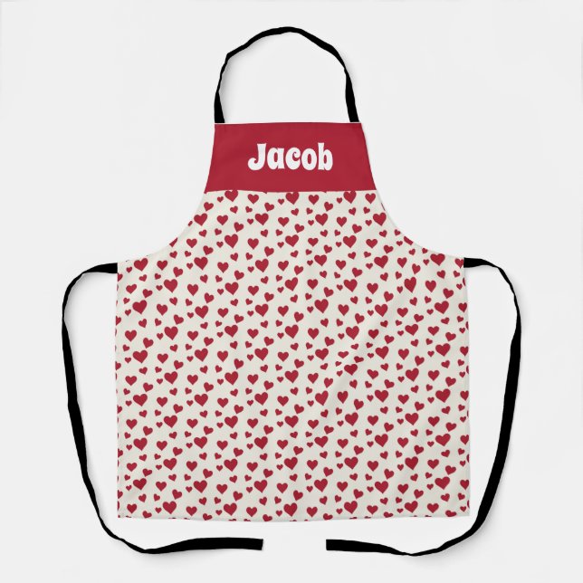 Custom Name Bright Red Hearts Chef's Apron (Front)