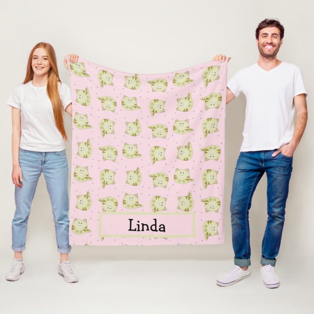 Custom name brown cat pattern on pink fleece blanket (In Situ)