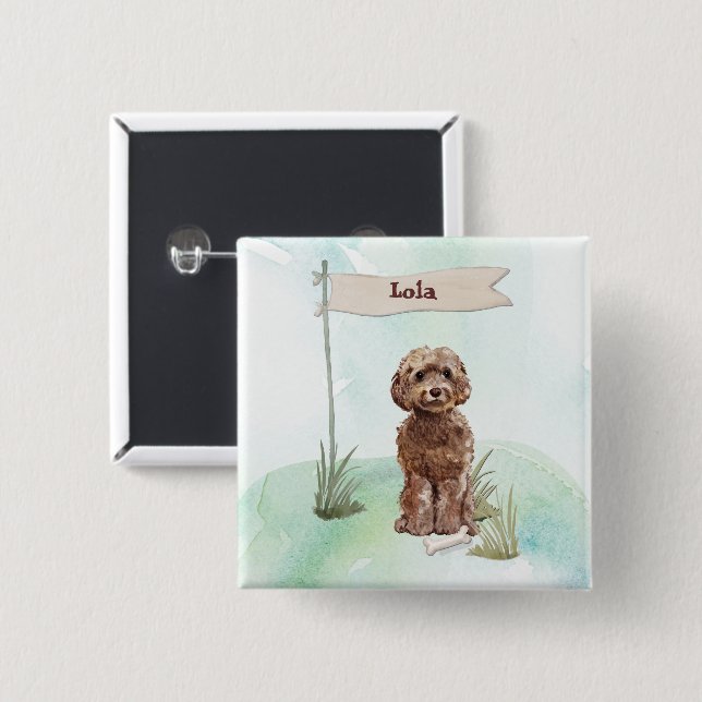 Custom Name Brown Cockapoo Pet Dog 2 Inch Square Button (Front & Back)