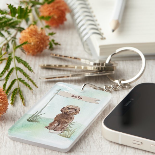 Custom Name Brown Cockapoo Pet Dog Keychain (Front Right)