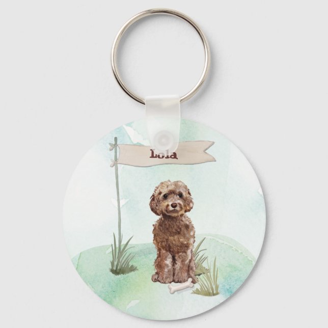Custom Name Brown Cockapoo Pet Dog Keychain (Front)