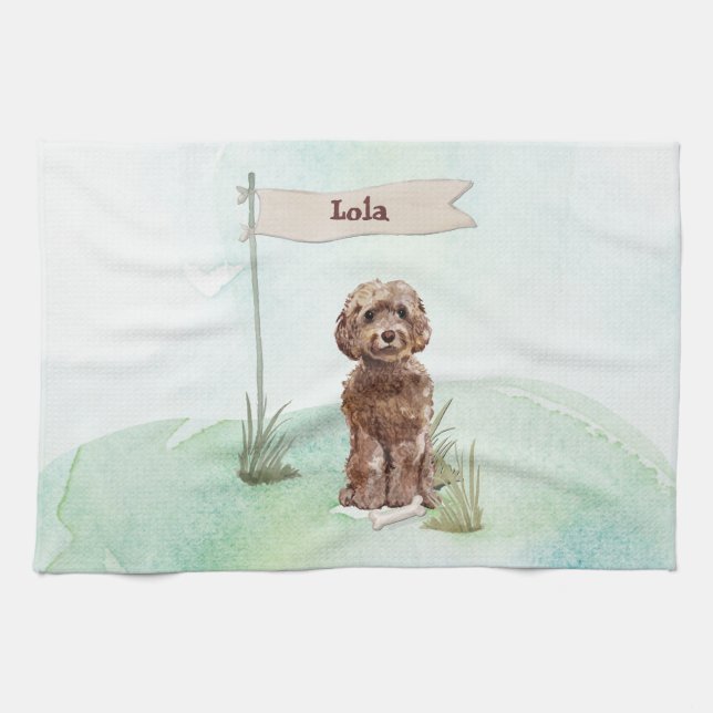 Custom Name Brown Cockapoo Pet Dog Kitchen Towel (Horizontal)