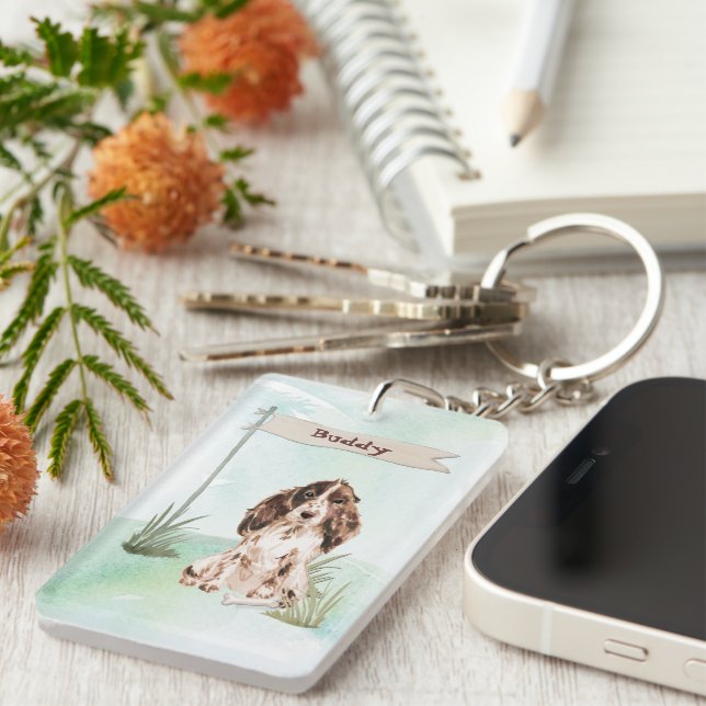 Custom Name Brown Cocker Spaniel Pet Dog Keychain (Front Right)