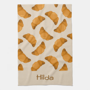 Custom name brown croissants pattern kitchen towel
