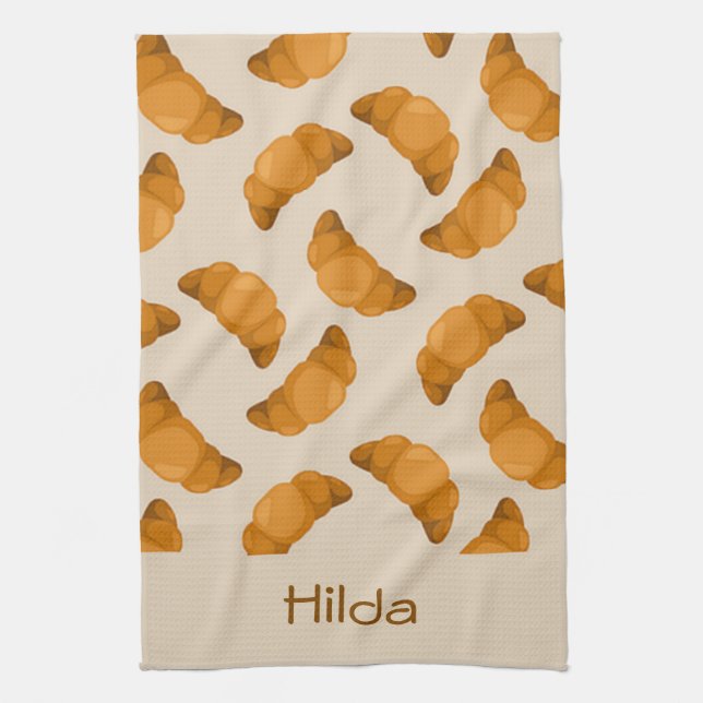 Custom name brown croissants pattern kitchen towel (Vertical)