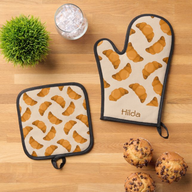 Custom name brown croissants pattern oven mitt & pot holder set (Top Down)