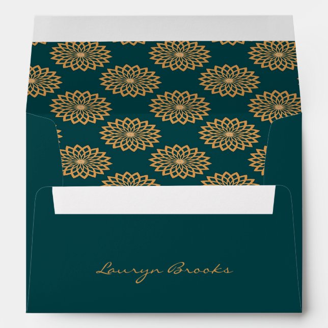 Custom name brown floral on pine green envelope (Back (Bottom))