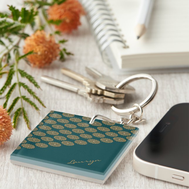 Custom name brown floral on pine green keychain (Front Right)