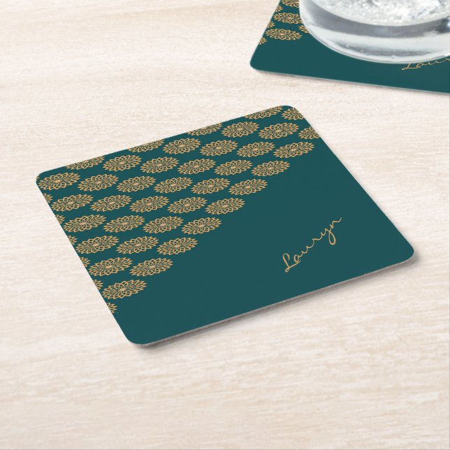 Custom name brown floral on pine green square paper coaster (Angled)