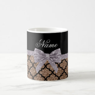 Custom name brown glitter moroccan silver bow coffee mug