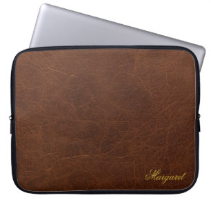 Custom Name Brown Leather Texture Laptop Sleeve