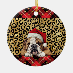 Custom Name Bulldog dog Santa hat Buffalo Plaid Ceramic Ornament