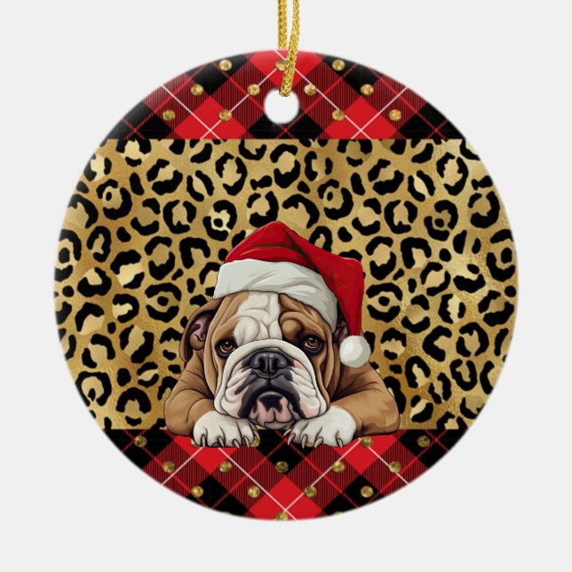 Custom Name Bulldog dog Santa hat Buffalo Plaid Ceramic Ornament (Front)